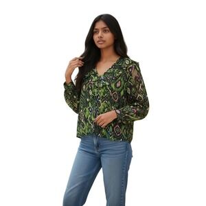 NWT Muse‎ Green Print Ruffle V-Neck Sheer Blouse L Whimsigoth Boho Chic Festival
